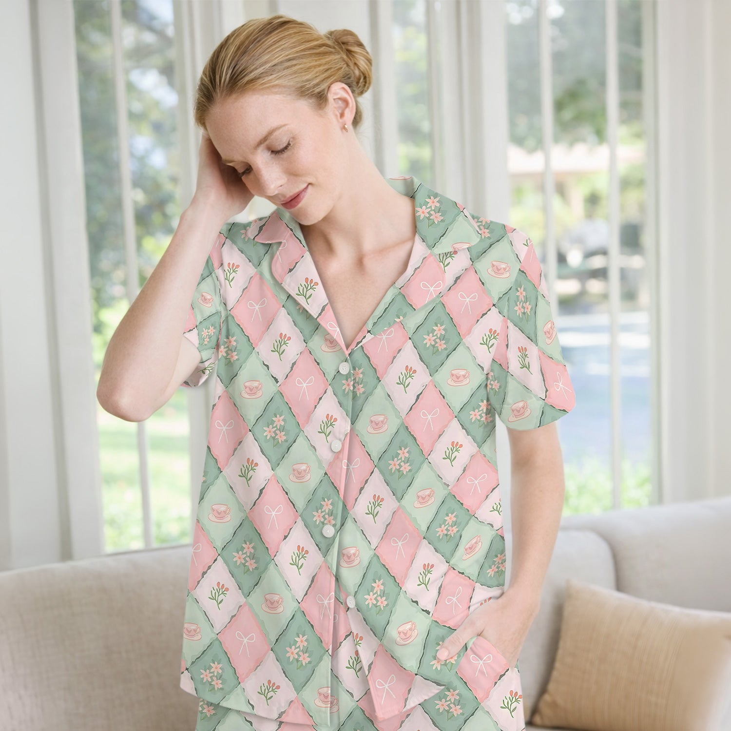 Flowers Tea Cups Pattern  Pajama Set, Soft Breathable Fabric Comfortable Sleepwear
