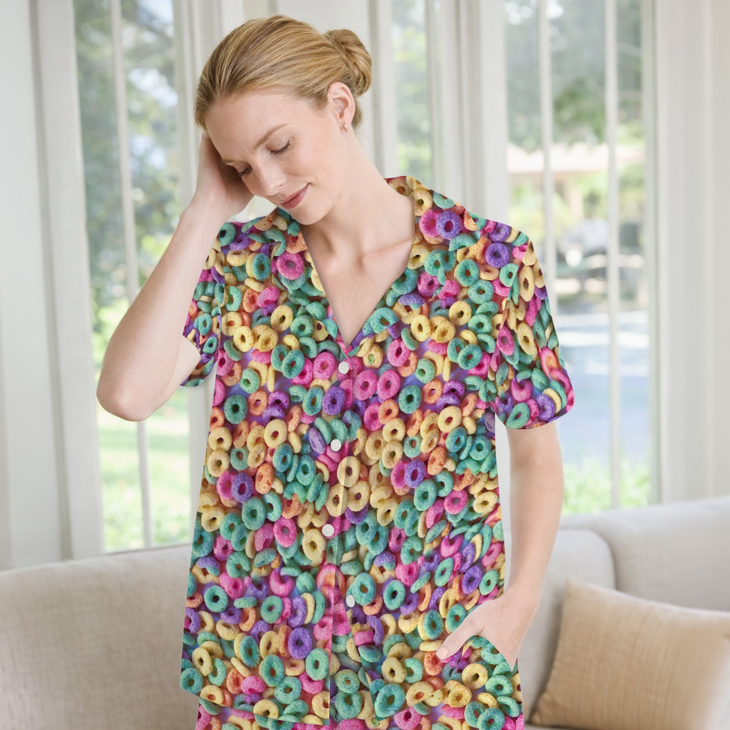 Colorful Cereal Loops Pattern Pajama Set, Soft Breathable Fabric Comfortable Sleepwear