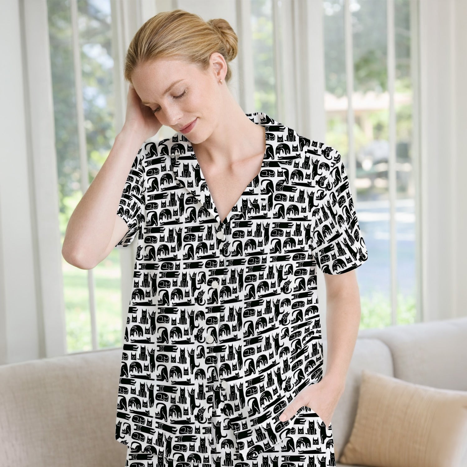 Cute Funny Cat Poses Print Pajama Set, Breathable Fabrics Uniform