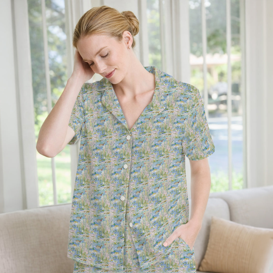 Ducks in Pond Water Print Pajama Set, Soft Breathable Fabric Comfortable Sleepwear