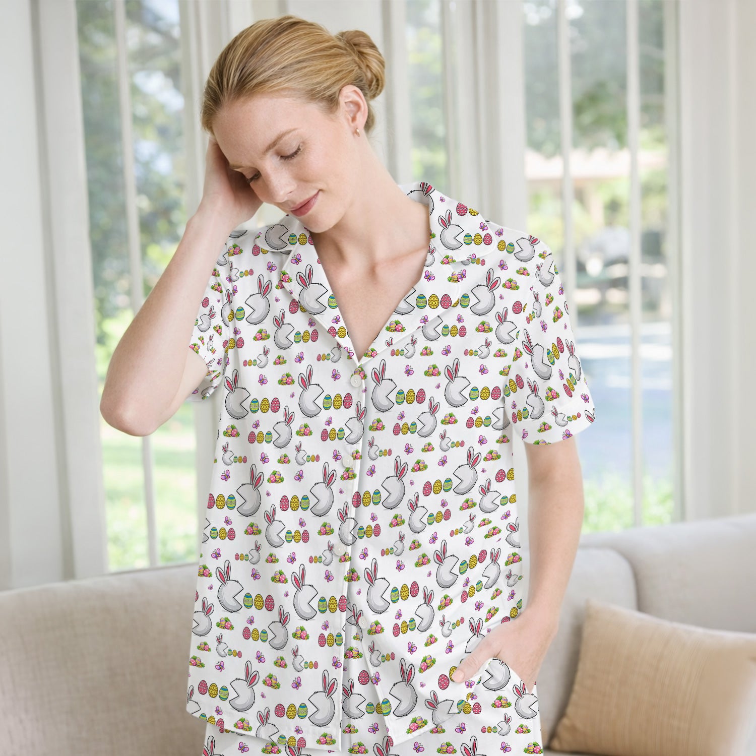 Easter Bunny and Colorful Eggs Print  Pajama Set, Breathable Fabrics Uniform