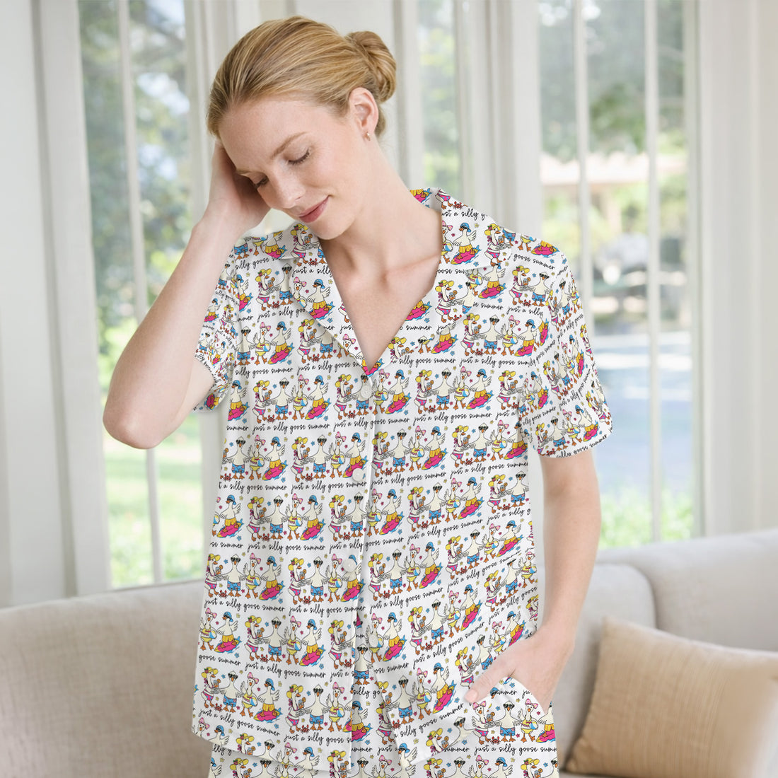 Funny Goose Summer Beach Pattern Pajama Set, Soft Breathable Fabric Comfortable Sleepwear