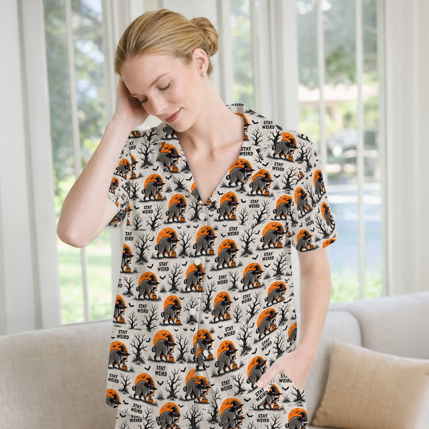 Funny Stay Weird Halloween Raccoon Pajama Set, Soft Breathable Fabric Comfortable Sleepwear