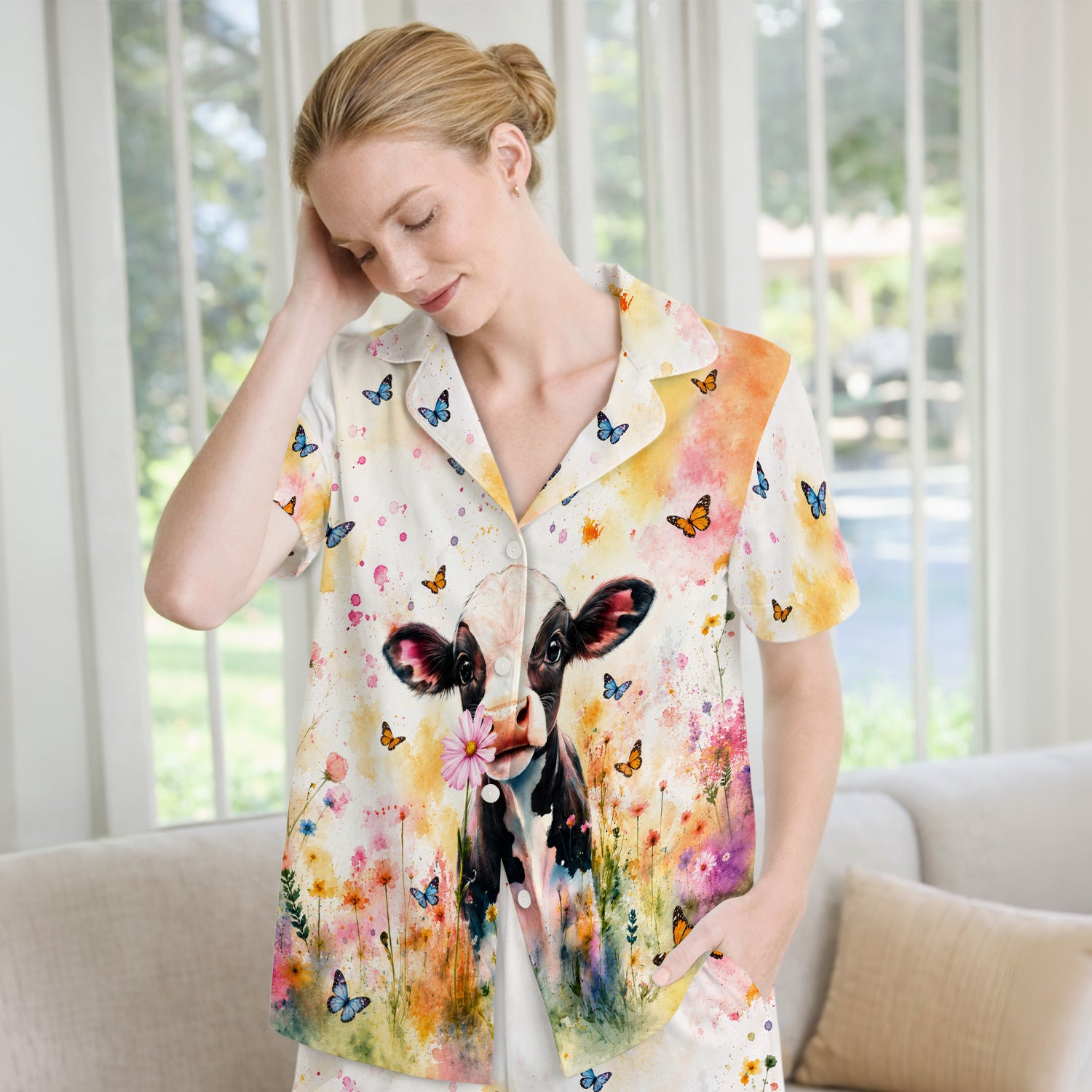 Cute Butterfly Baby Cow Pattern Pajama Set, Soft Breathable Fabric Comfortable Sleepwear
