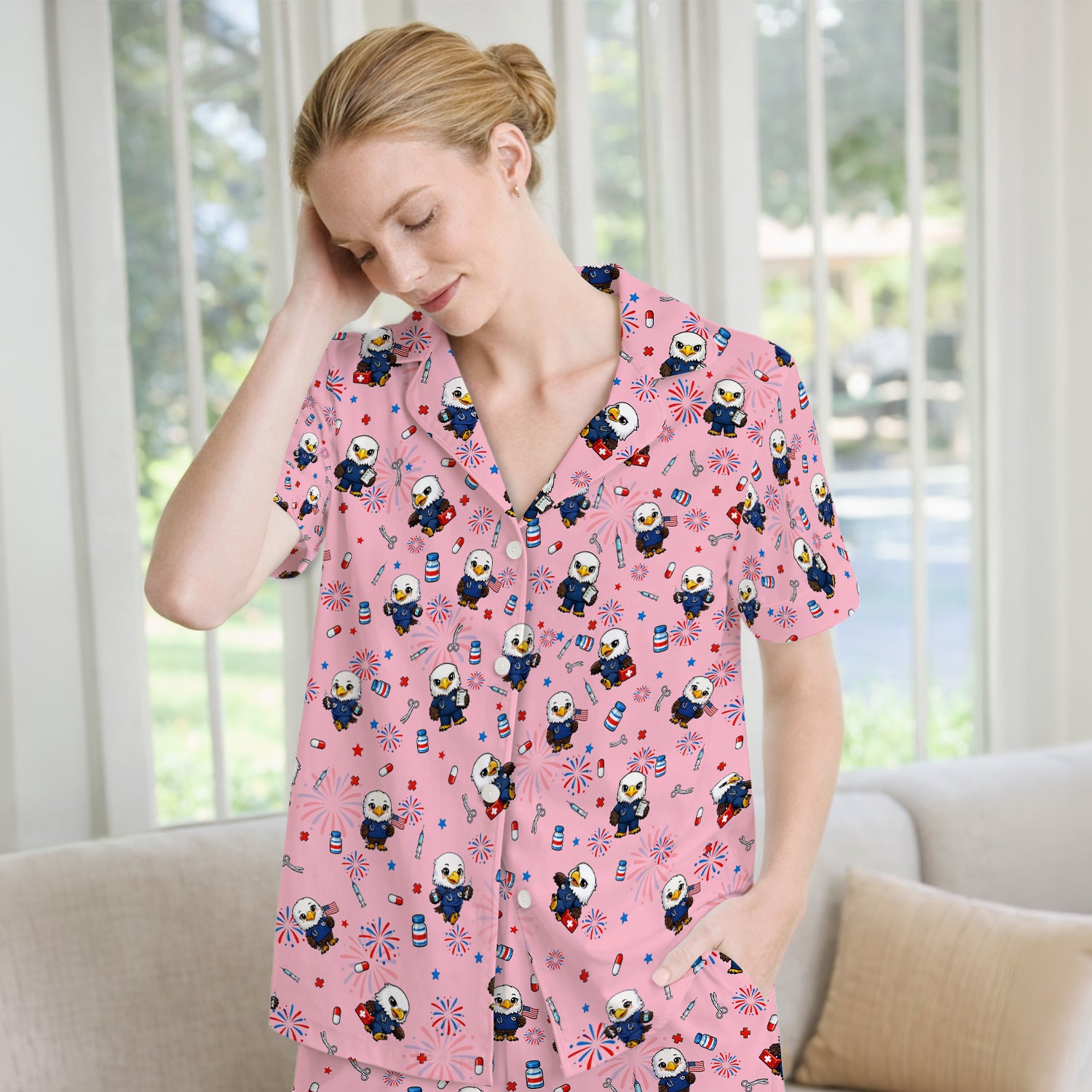 Patriotic Nurse Eagle Fireworks Medical Pattern Pajama Set, Breathable Fabrics Uniform