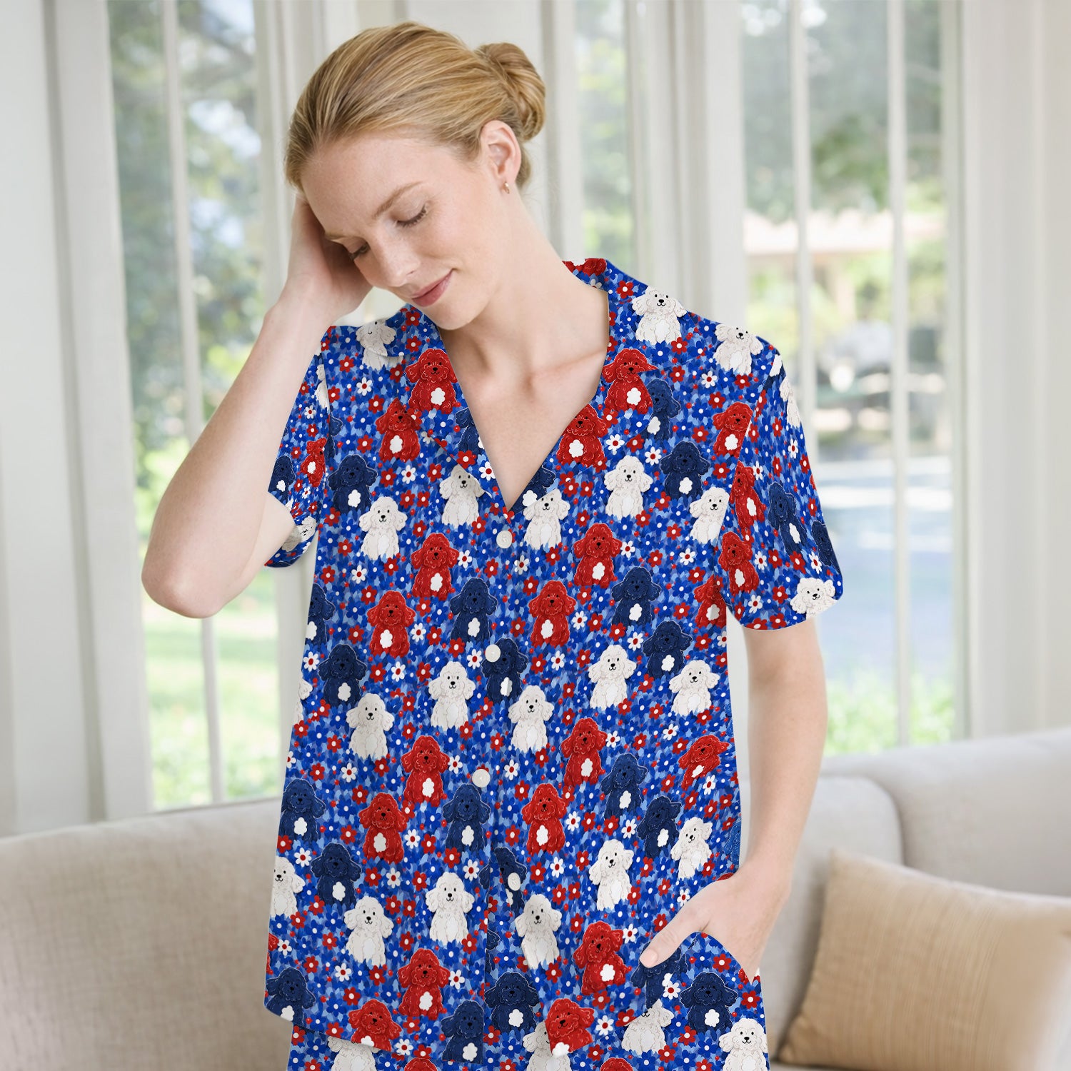 Cute Poodle Floral Garden Print Pajama Set, Soft Breathable Fabric Comfortable Sleepwear