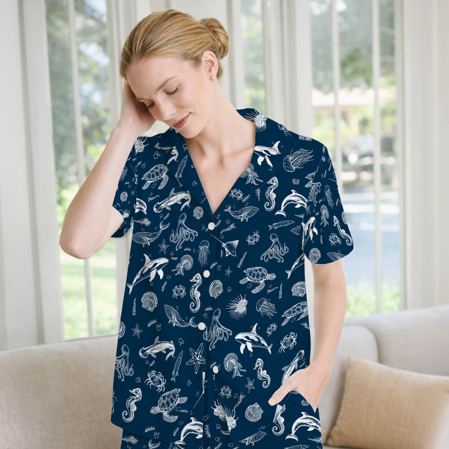 Marine Sea Life Pattern Pajama Set, Breathable Fabrics Uniform
