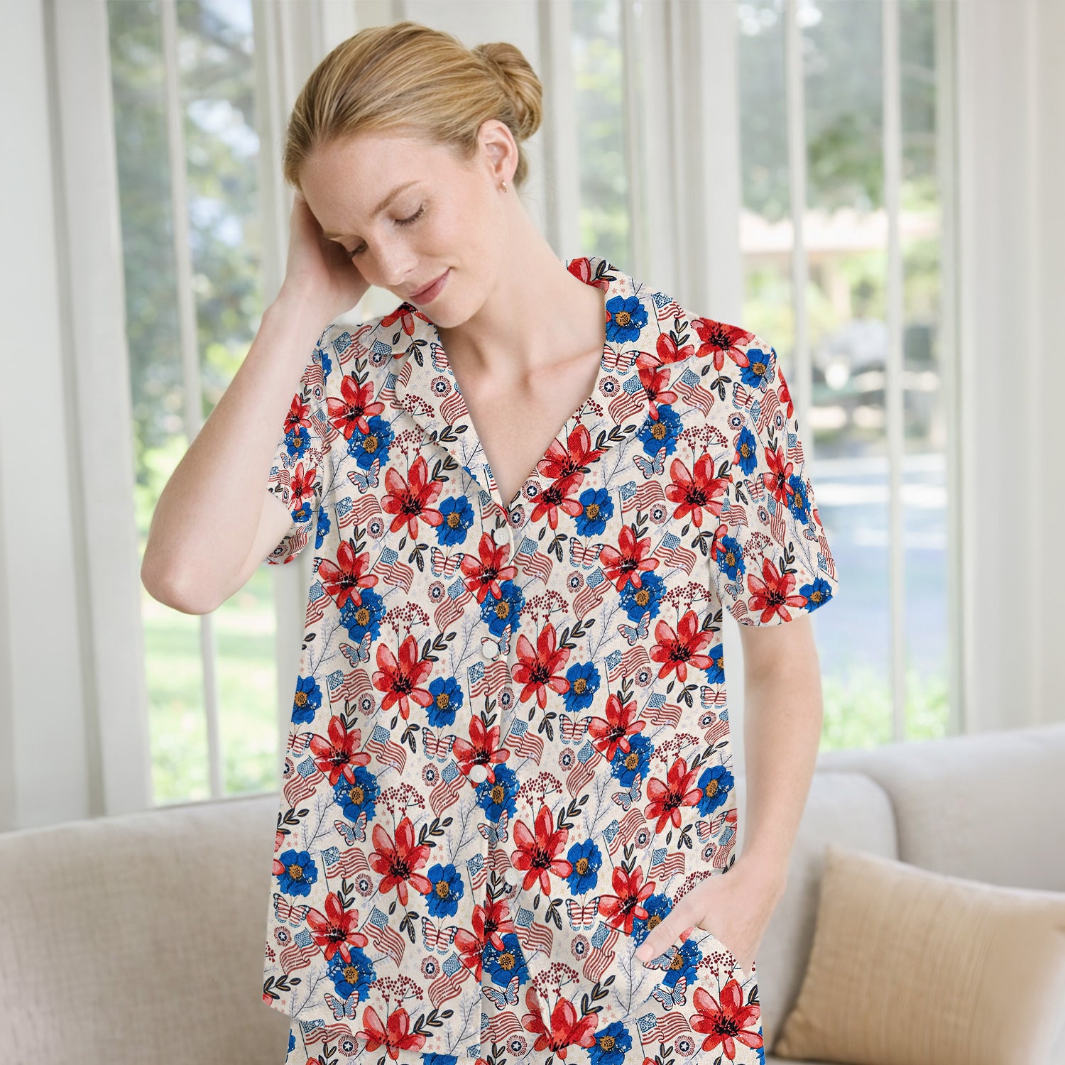 Patriotic Floral Flag Butterfly Pattern Pajama Set, Soft Breathable Fabric Comfortable Sleepwear