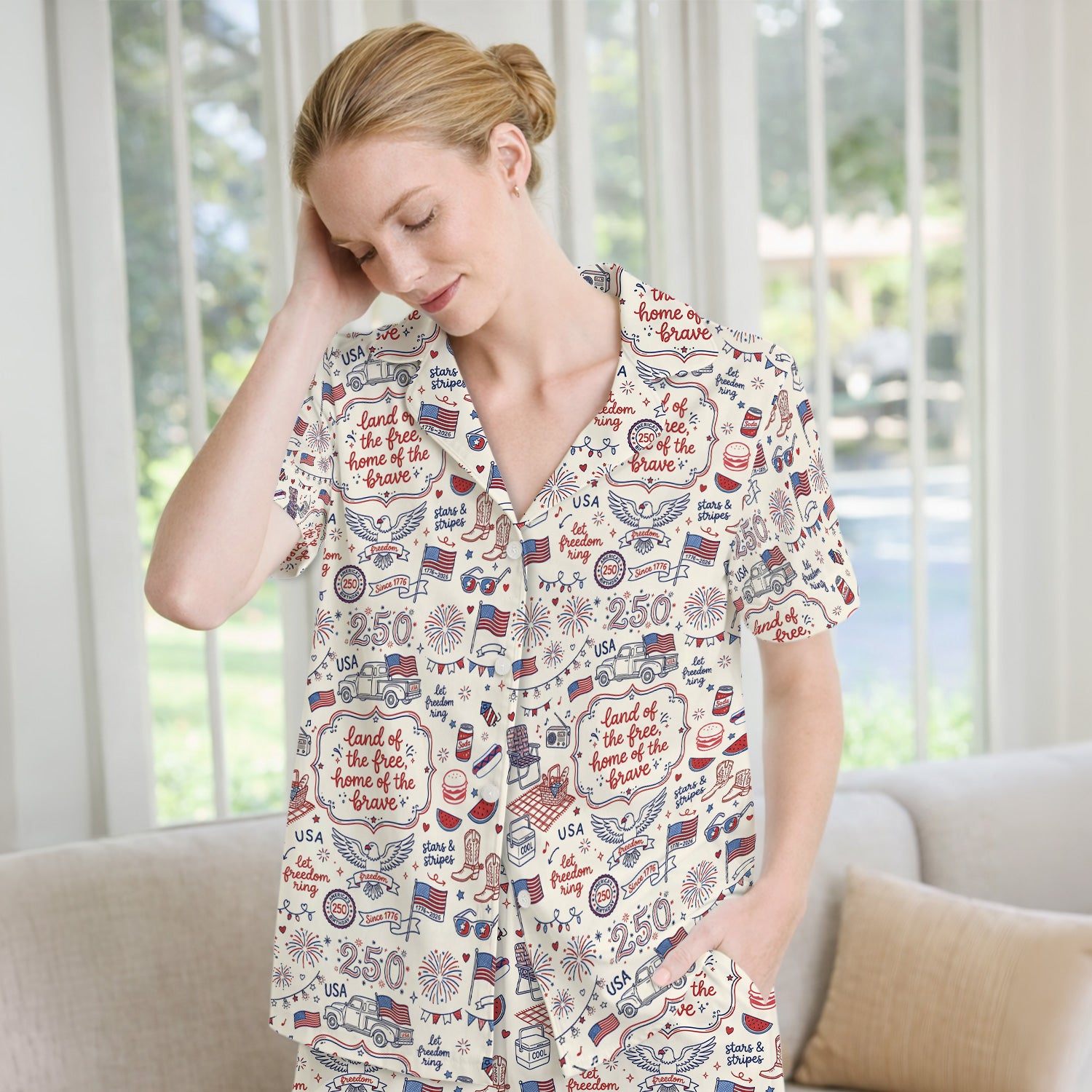 Vintage USA Freedom Print Pajama Set, Soft Breathable Fabric Comfortable Sleepwear