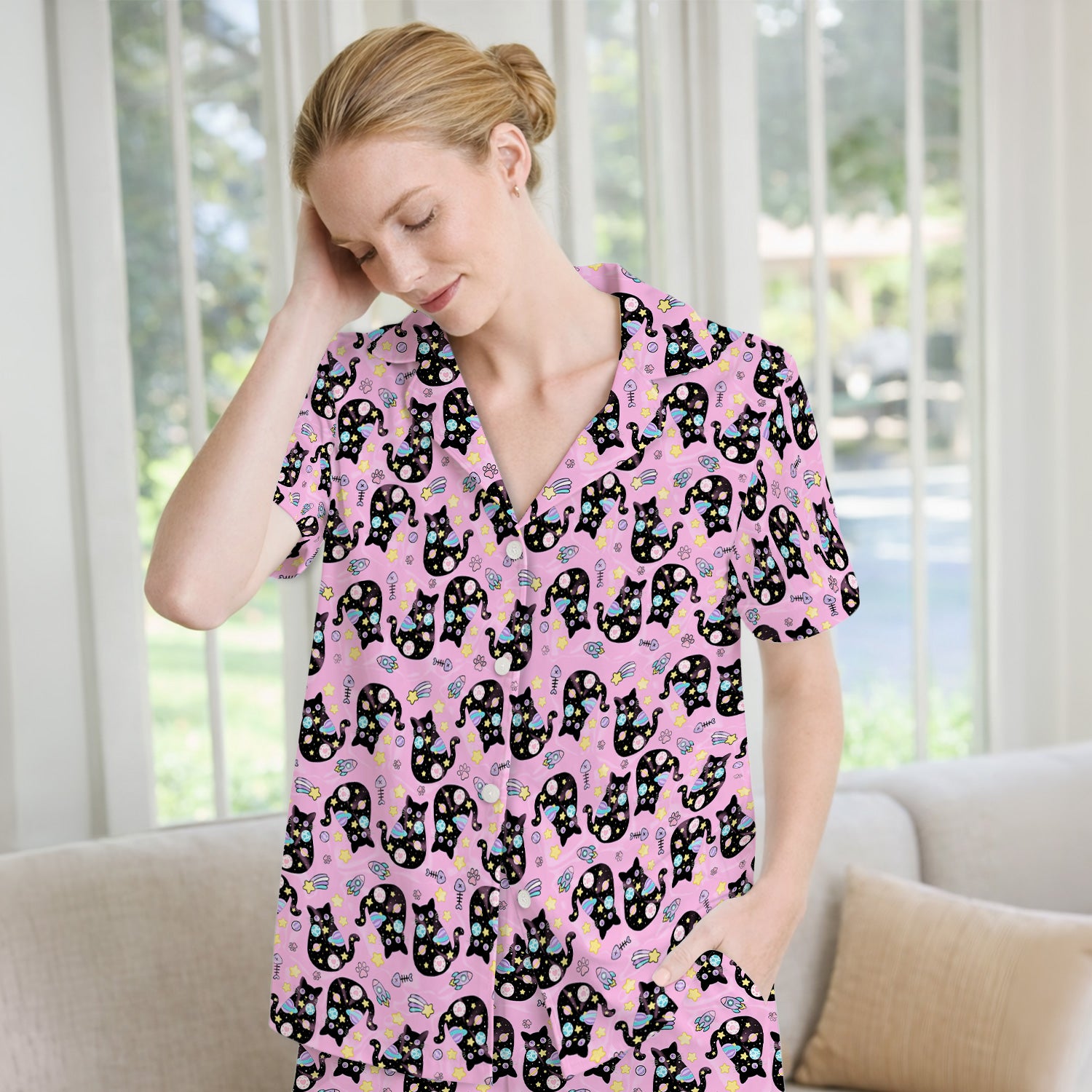 Galaxy Black Cat Space Pattern Pajama Set, Breathable Fabrics Uniform