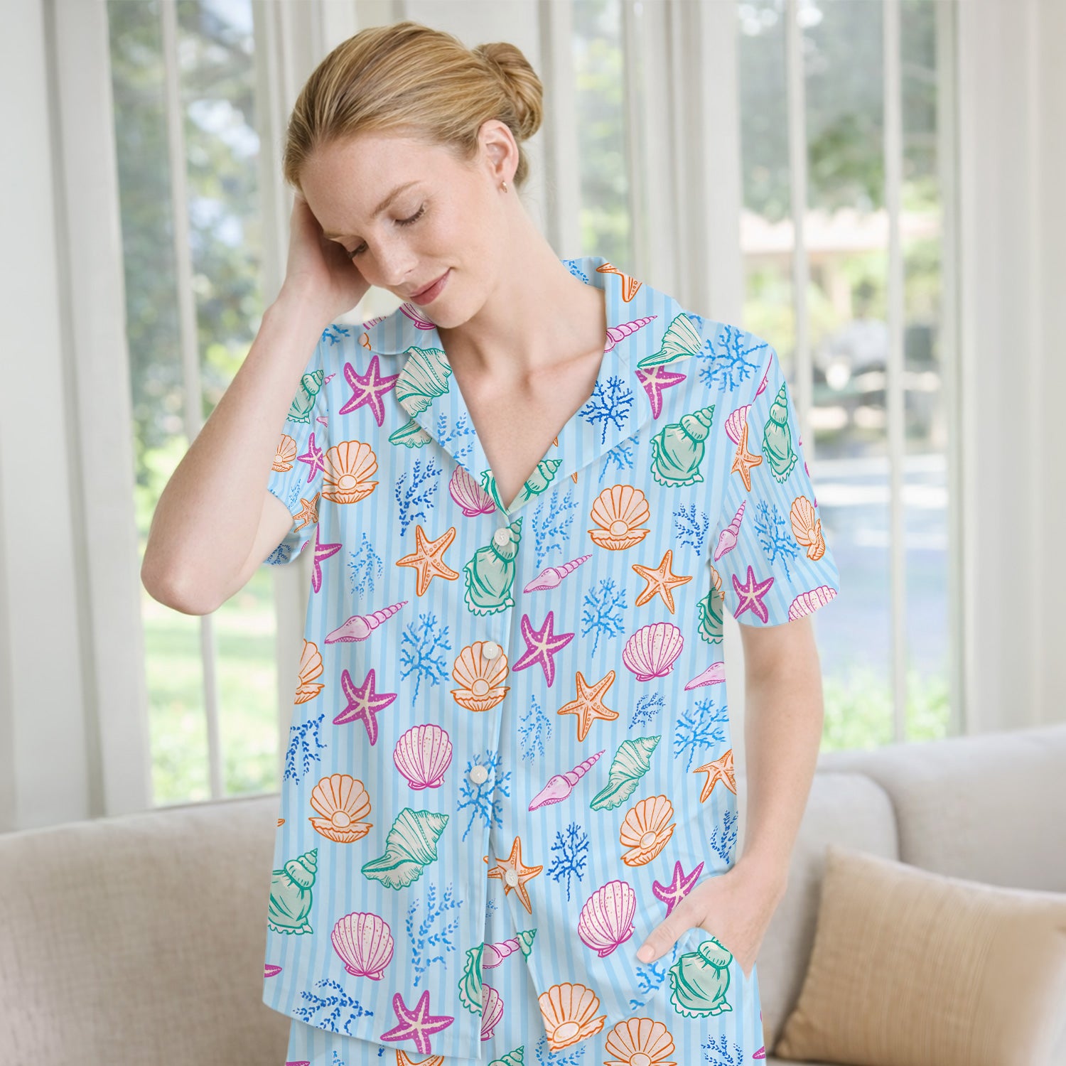 Colorful Seashell Starfish Ocean Stripe Pattern Pajama Set, Breathable Fabrics Uniform