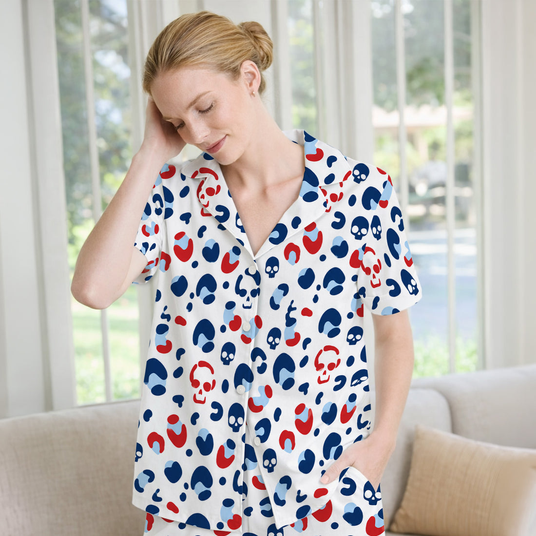 Red Blue Skull Leopard Pattern Pajama Set, Soft Breathable Fabric Comfortable Sleepwear