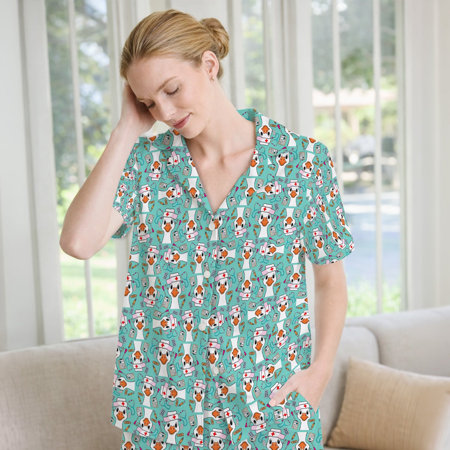 Duck Wearing Hat With Medical Tools Pajama Set, Breathable Fabrics Uniform
