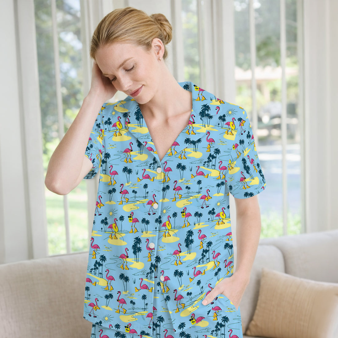 Retro Flamingo Nurse Print Pajama Set, Soft Breathable Fabric Comfortable Sleepwear