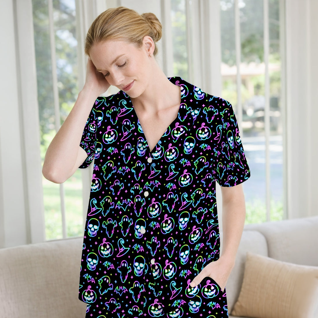 Pumpkin Skull Spooky Print Pajama Set, Soft Breathable Fabric Comfortable Sleepwear