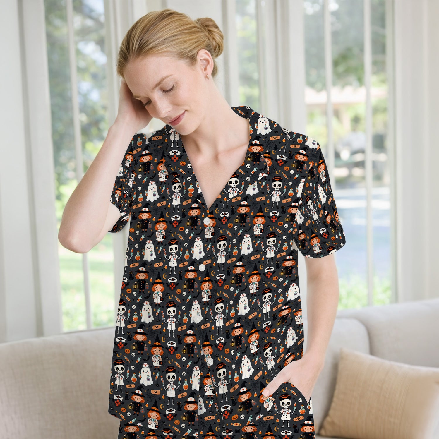 Halloween Witch And Skeleton Nurse Pajama Set, Soft Breathable Fabric Comfortable Sleepwear