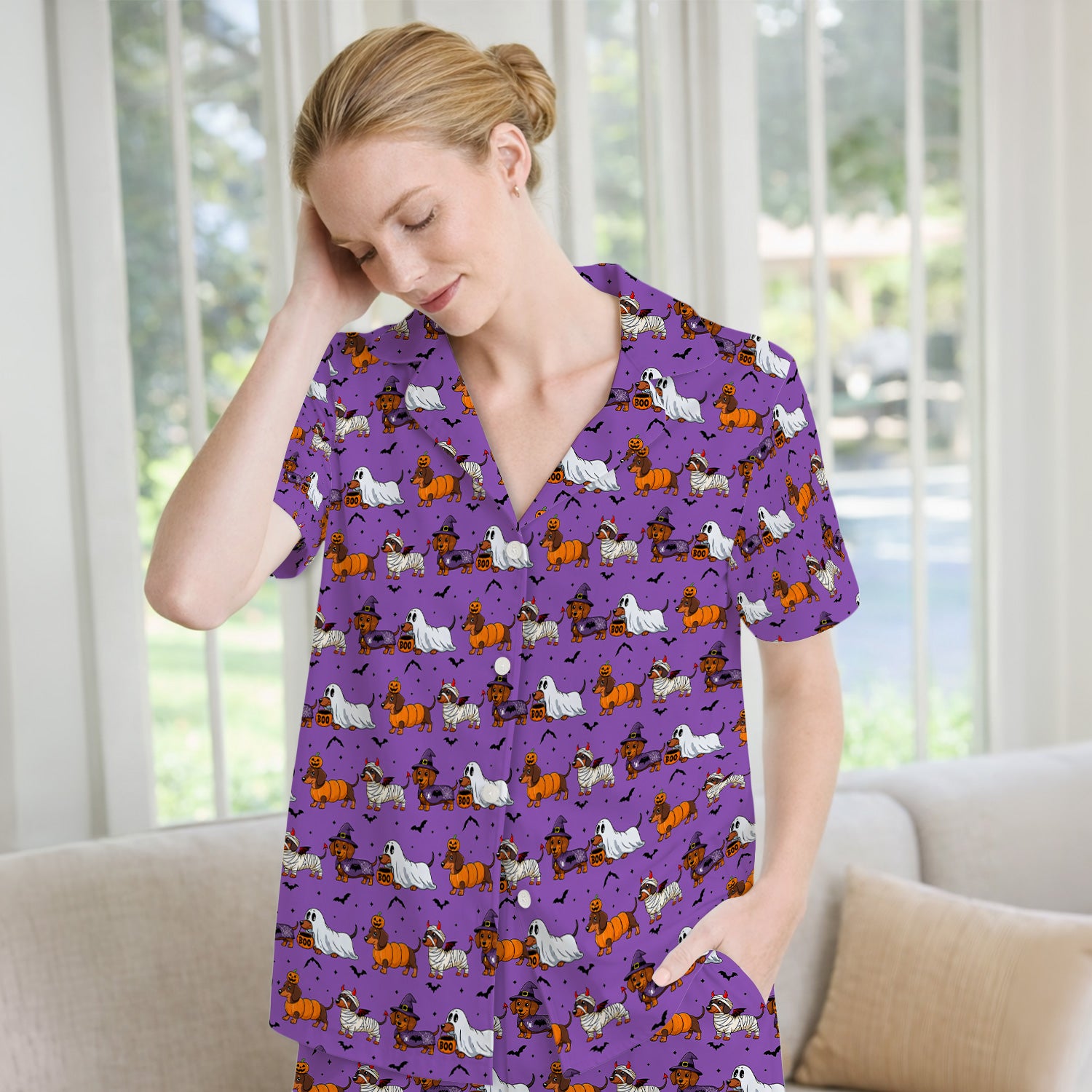 Halloween Dachshund with Bat Pattern Pajama Set, Soft Breathable Fabric Comfortable Sleepwear