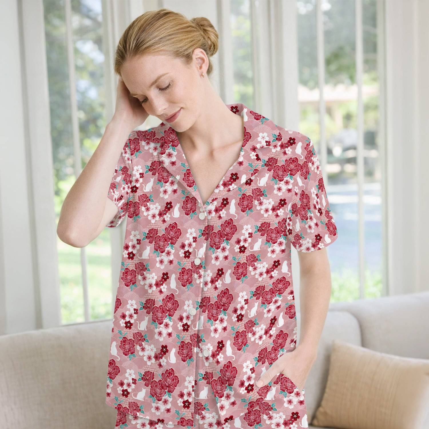 Floral White Cat Nurse Pajama Set, Soft Breathable Fabric Comfortable Sleepwear