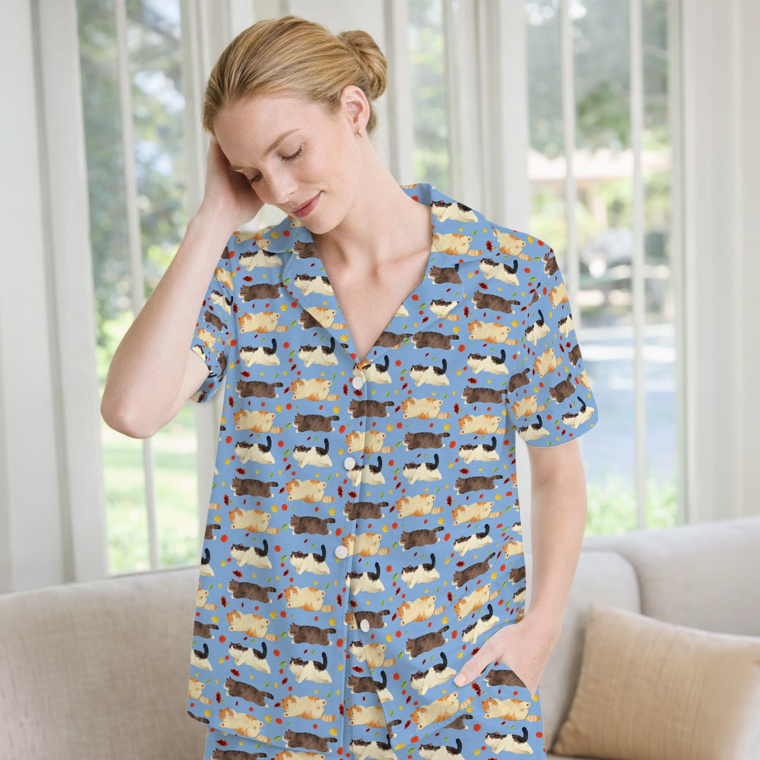 Chubby Cat Autumn Leaves Print Pajama Set, Breathable Fabrics Uniform