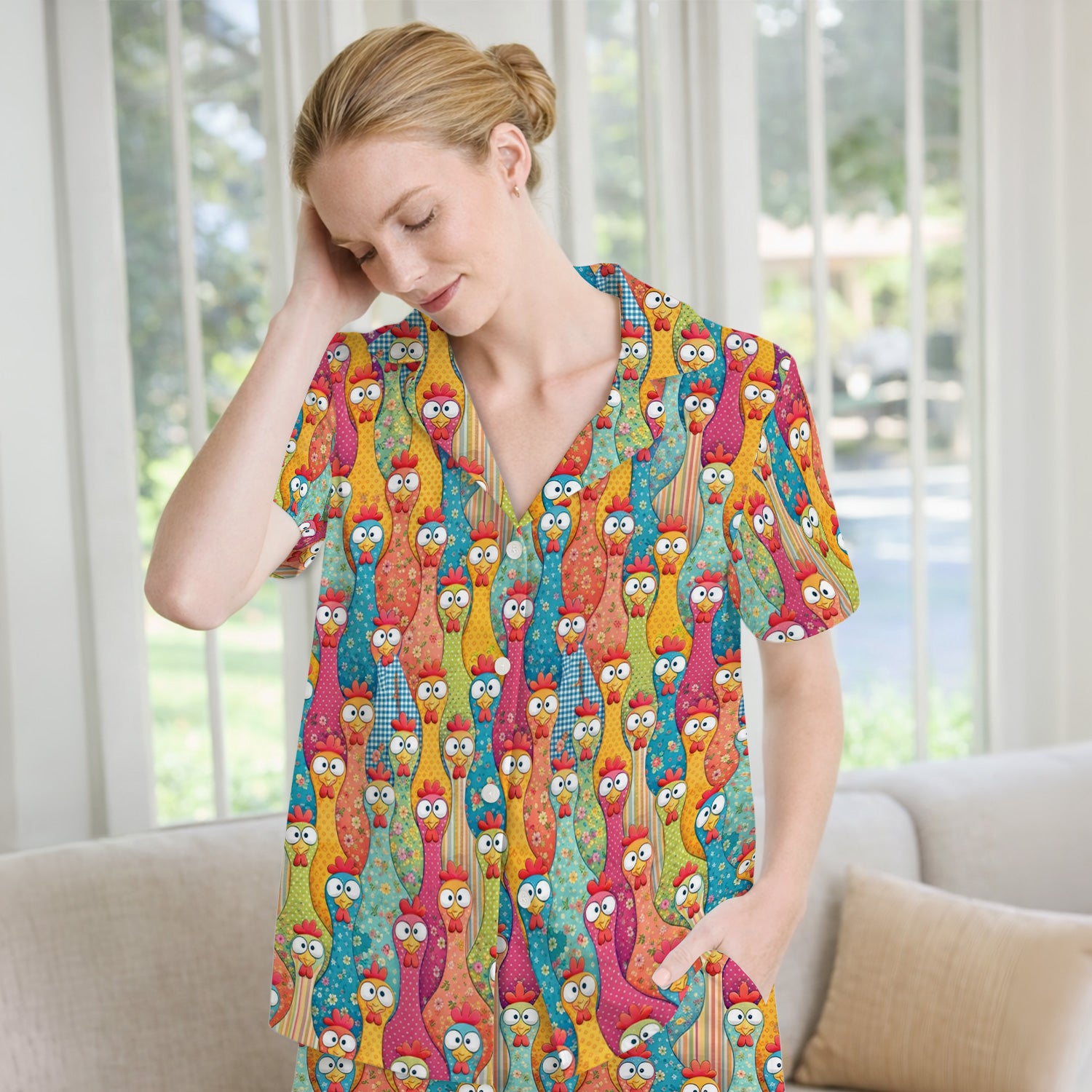 Funny Farm Chicken Cartoon Pattern Pajama Set, Soft Breathable Fabric Comfortable Sleepwear