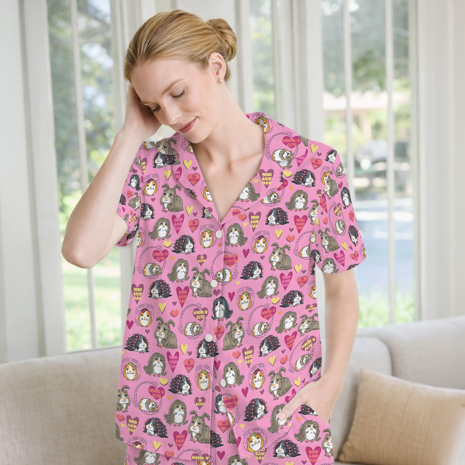 Cute Guinea Pig Heart Pattern Pajama Set, Soft Breathable Fabric Comfortable Sleepwear