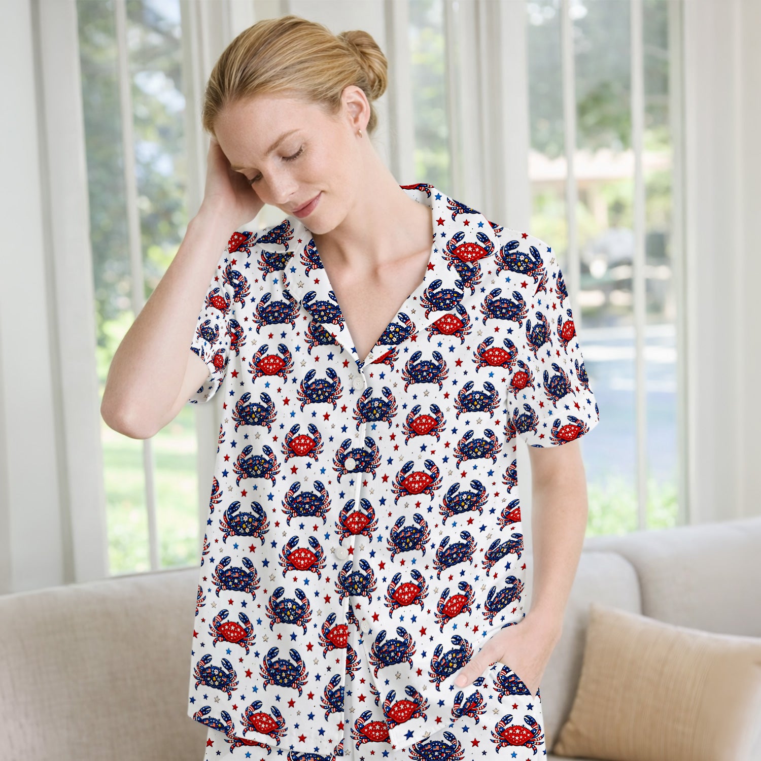 Patriotic Crab Stars Pattern Pajama Set, Soft Breathable Fabric Comfortable Sleepwear