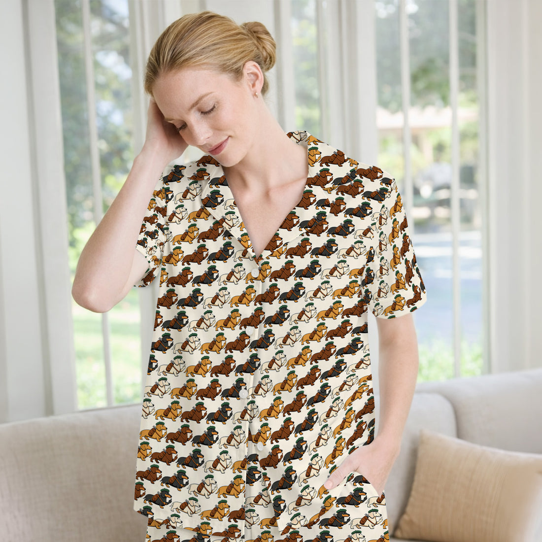 Cartoon Dachshund Dog Wearing Hat And Backpack Pattern Pajama Set, Soft Breathable Fabric Comfortable Sleepwear