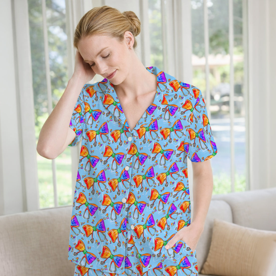 Colorful Rainbow Bow Stethoscope Pattern Pajama Set, Breathable Fabrics Uniform