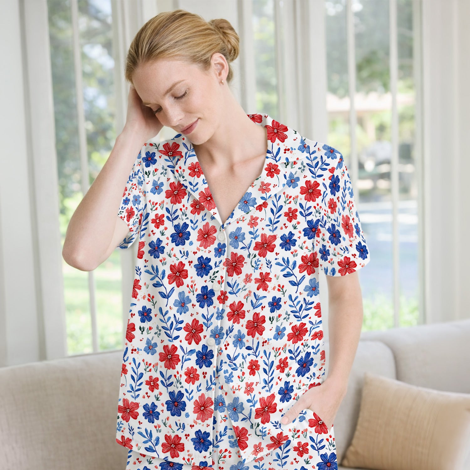 Patriotic Red White Blue Floral Print Pajama Set, Soft Breathable Fabric Comfortable Sleepwear