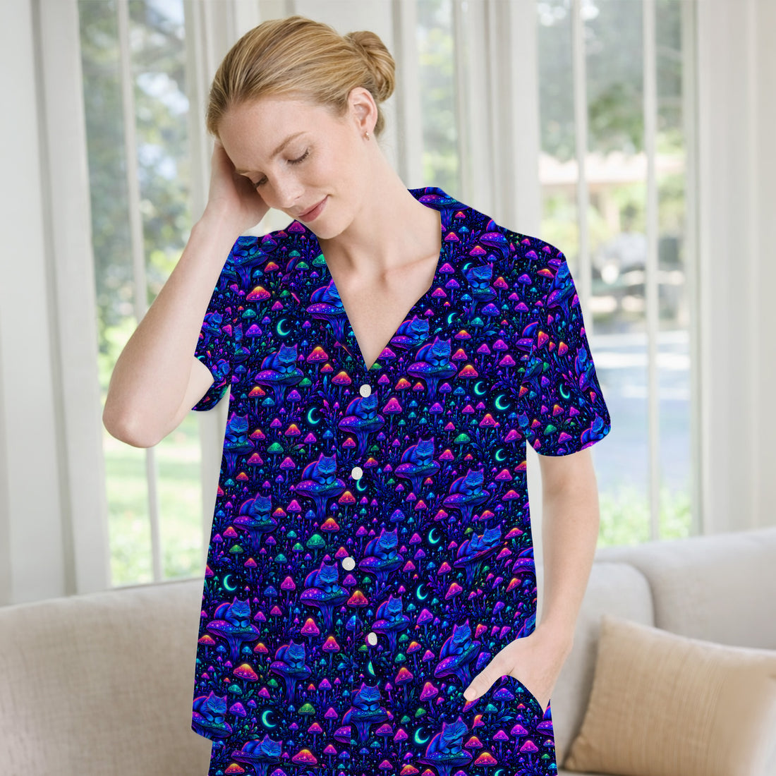 Neon Mushroom Cat Galaxy Pattern Pajama Set, Soft Breathable Fabric Comfortable Sleepwear