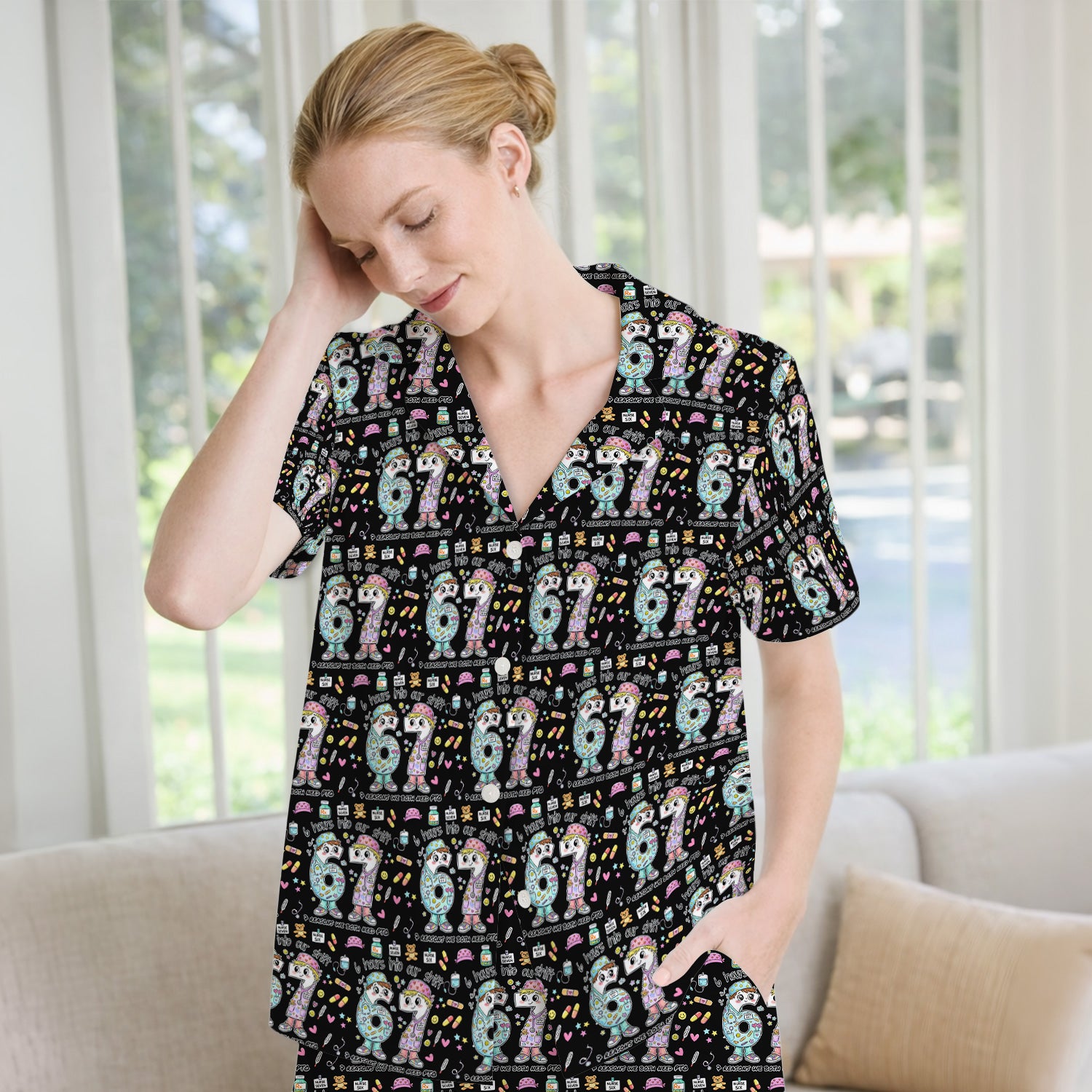 Cartoon Characters Six Hours Into Shift With Medical Doodle Pajama Set, Breathable Fabrics Uniform