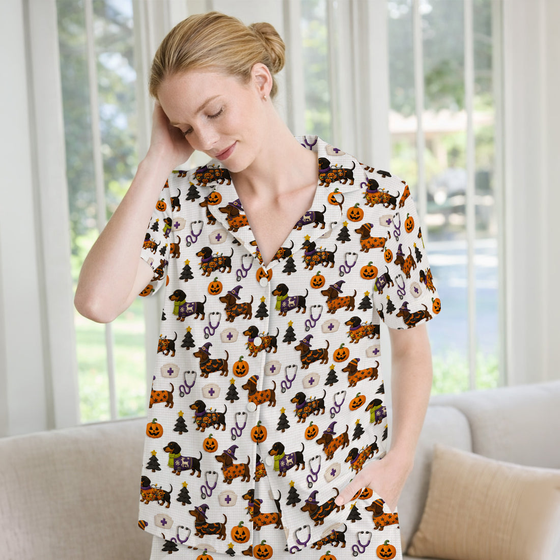 Halloween Dachshund with Pumpkin Stethoscope Print Pajama Set, Soft Breathable Fabric Comfortable Sleepwear