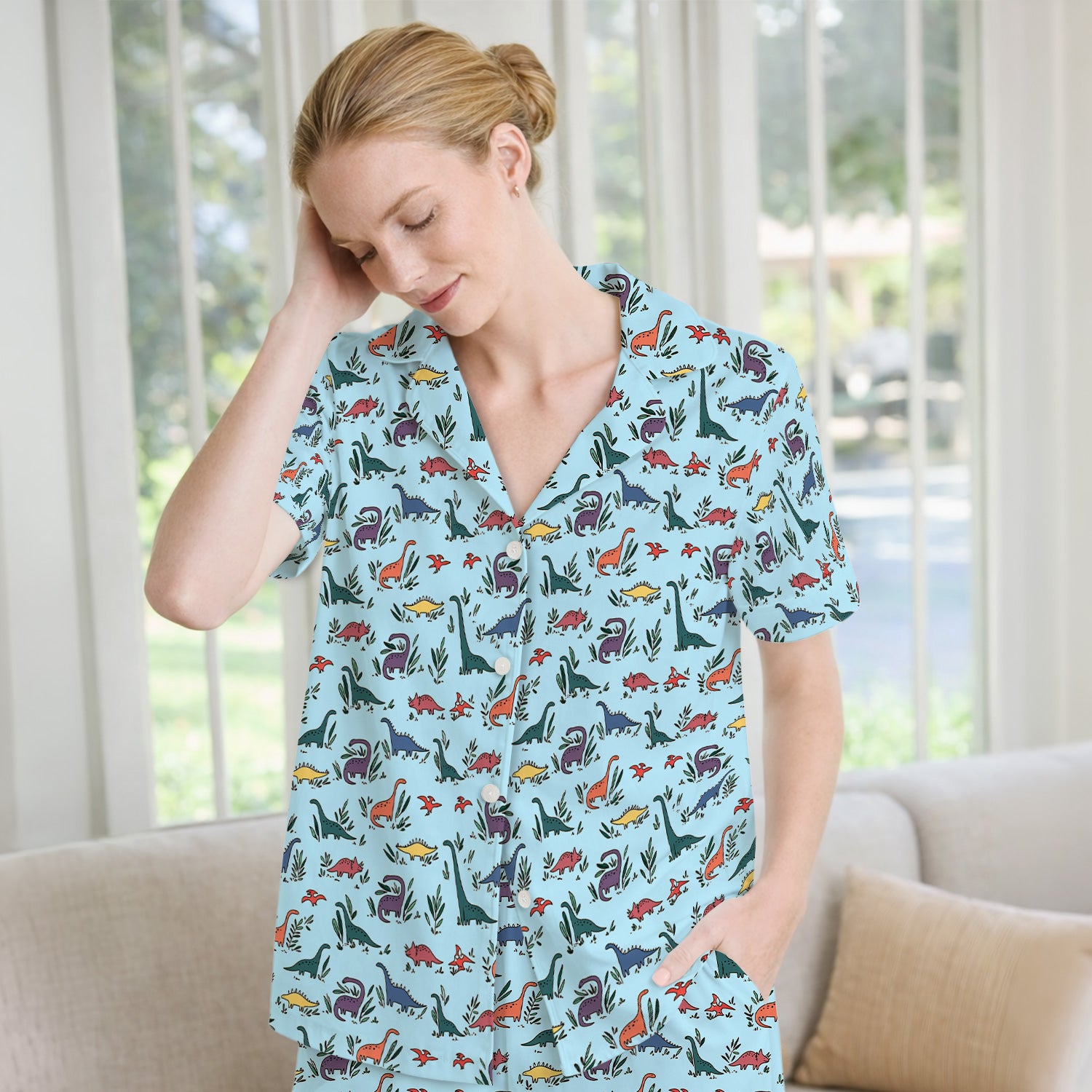 Cute Dinosaur Leafy Garden Pattern Pajama Set, Soft Breathable Fabric Comfortable Sleepwear