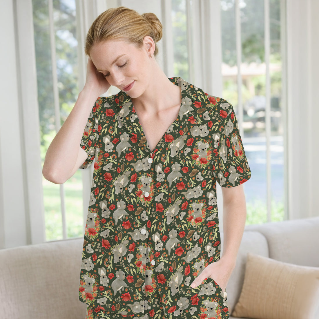 Cute Koala Wildflower Pattern Pajama Set, Soft Breathable Fabric Comfortable Sleepwear