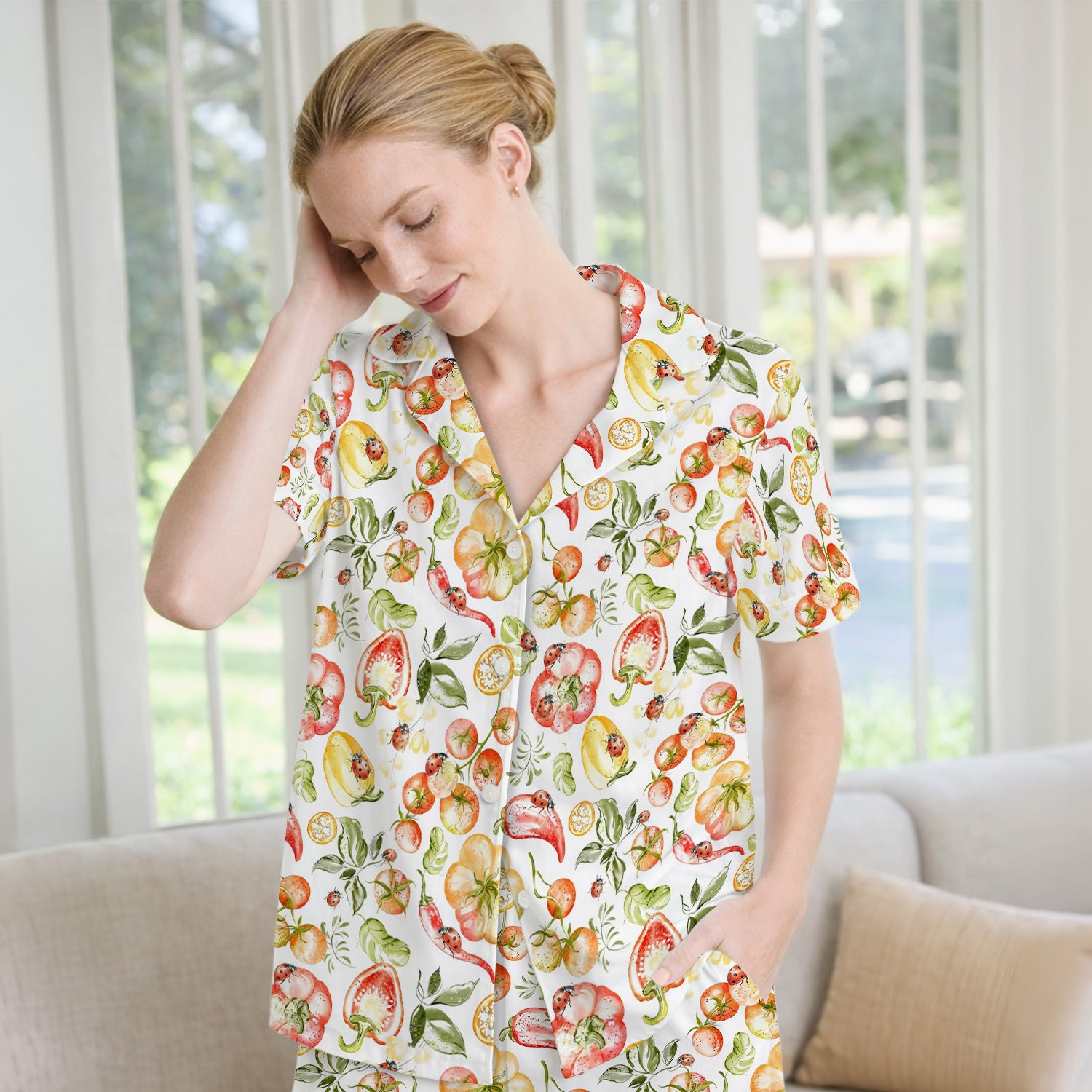 Cute Watercolor Veggie Ladybug Pattern Pajama Set, Soft Breathable Fabric Comfortable Sleepwear