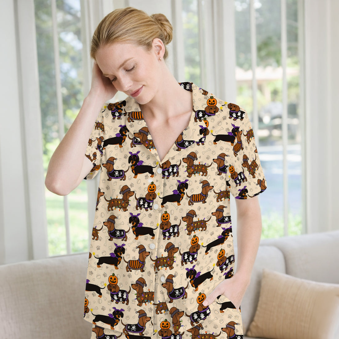 Halloween Dachshund with Pumpkin Ghost Print Pajama Set, Soft Breathable Fabric Comfortable Sleepwear