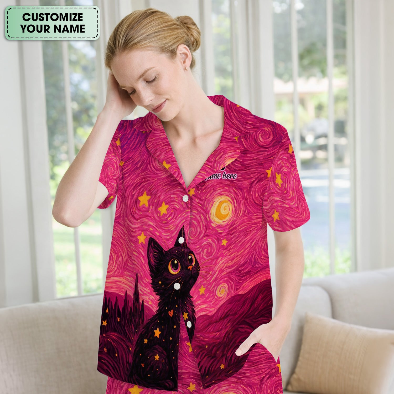 Personalized Black Cat Galaxy Star Swirl Pattern Pajama Set, Breathable Fabrics Uniform