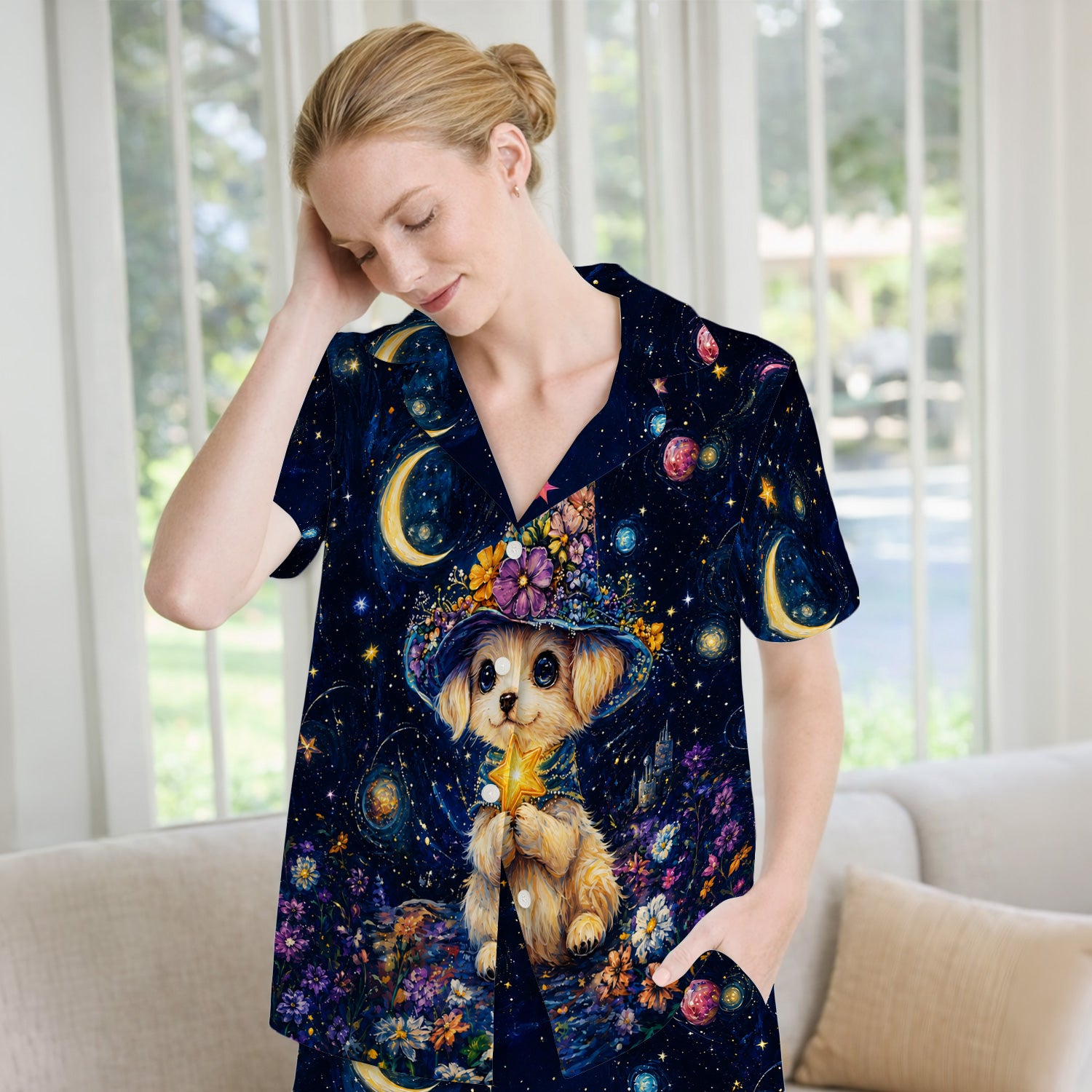 Cute Puppy Wizard Nurse Pattern Pajama Set, Soft Breathable Fabric Comfortable Sleepwear