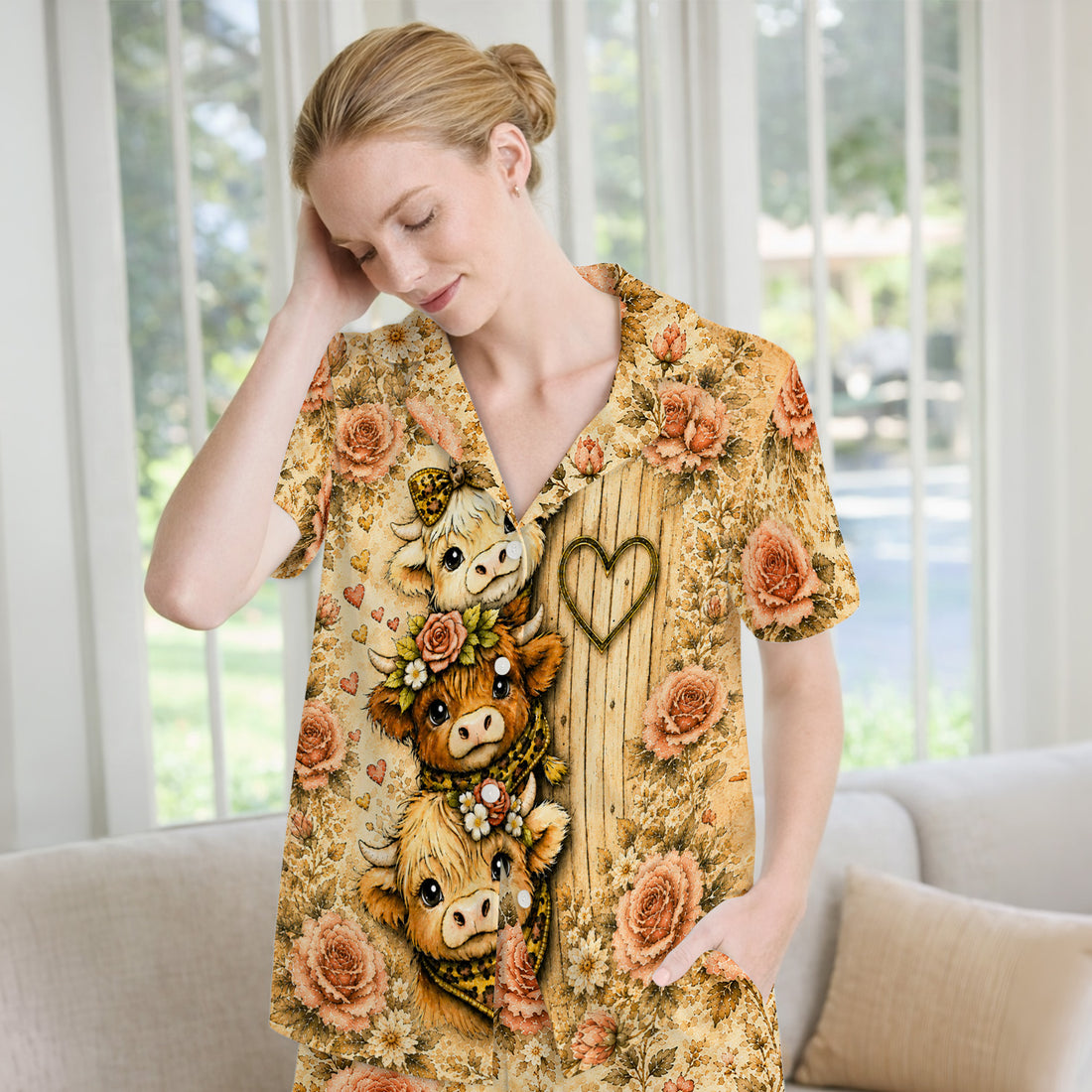 Highland Cow with Floral Farmhouse Pajama Set, Soft Breathable Fabric Comfortable Sleepwear