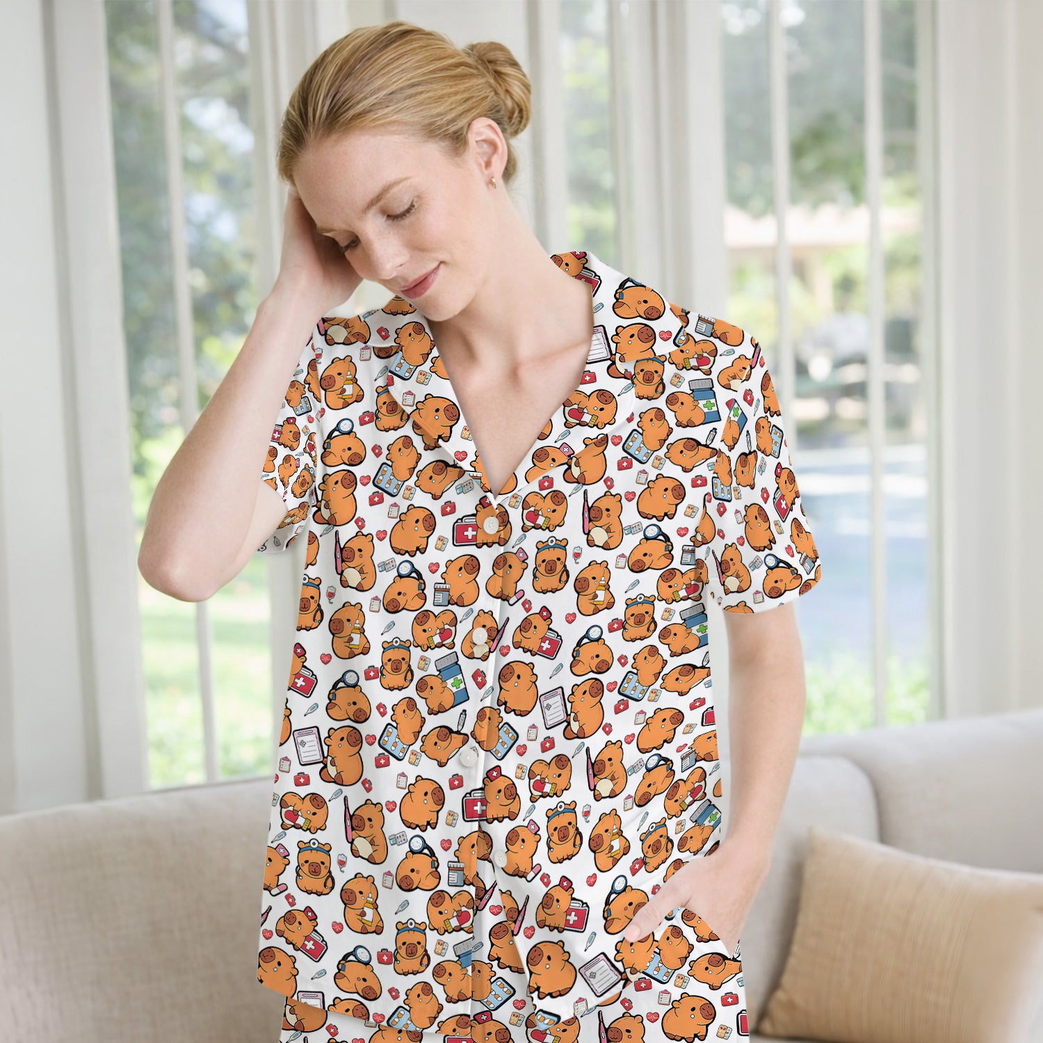 Capybara With Stethoscope And Medical Tools Seamless Pajama Set, Breathable Fabrics Uniform