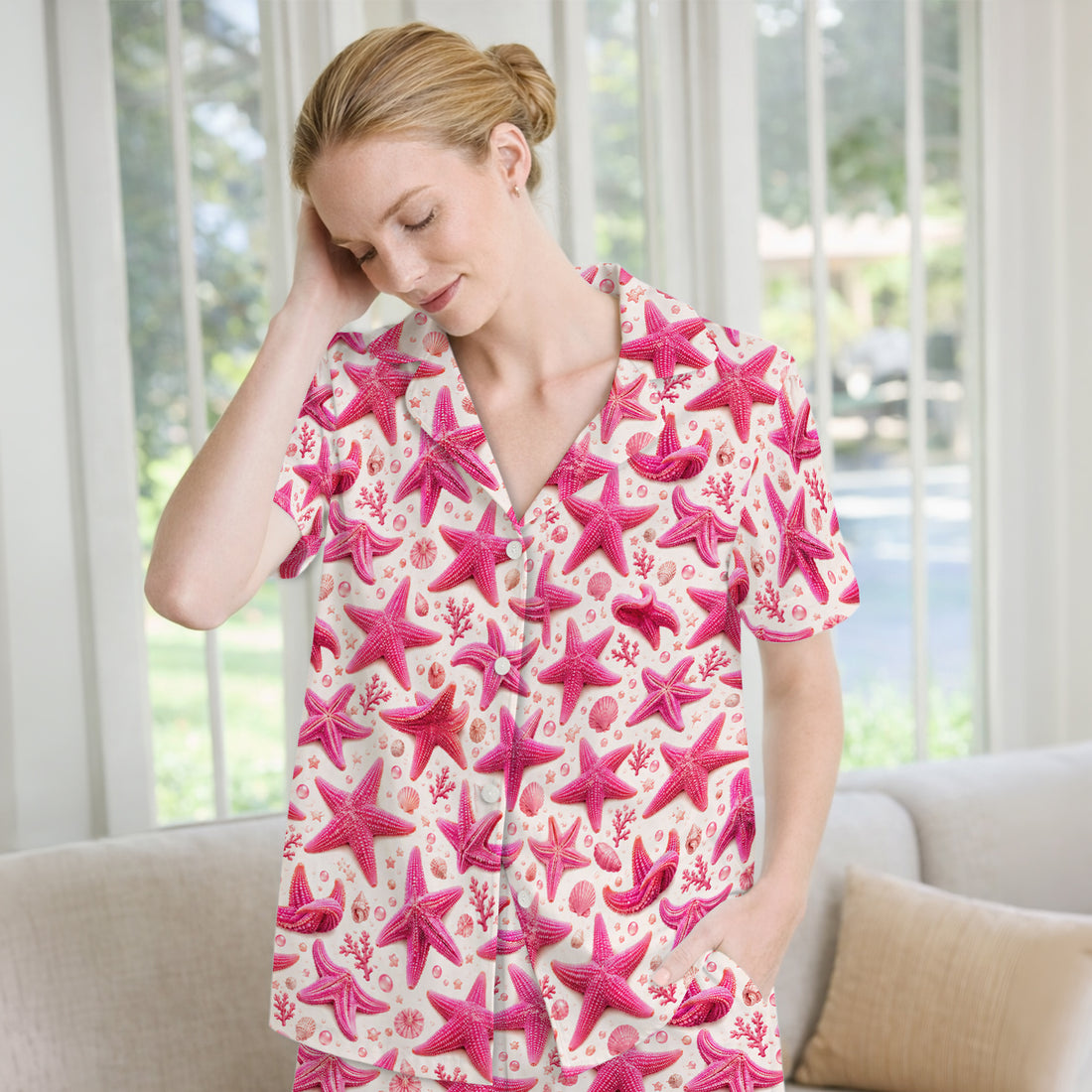 Pink Starfish And Seashell Pattern Pajama Set, Soft Breathable Fabric Comfortable Sleepwear