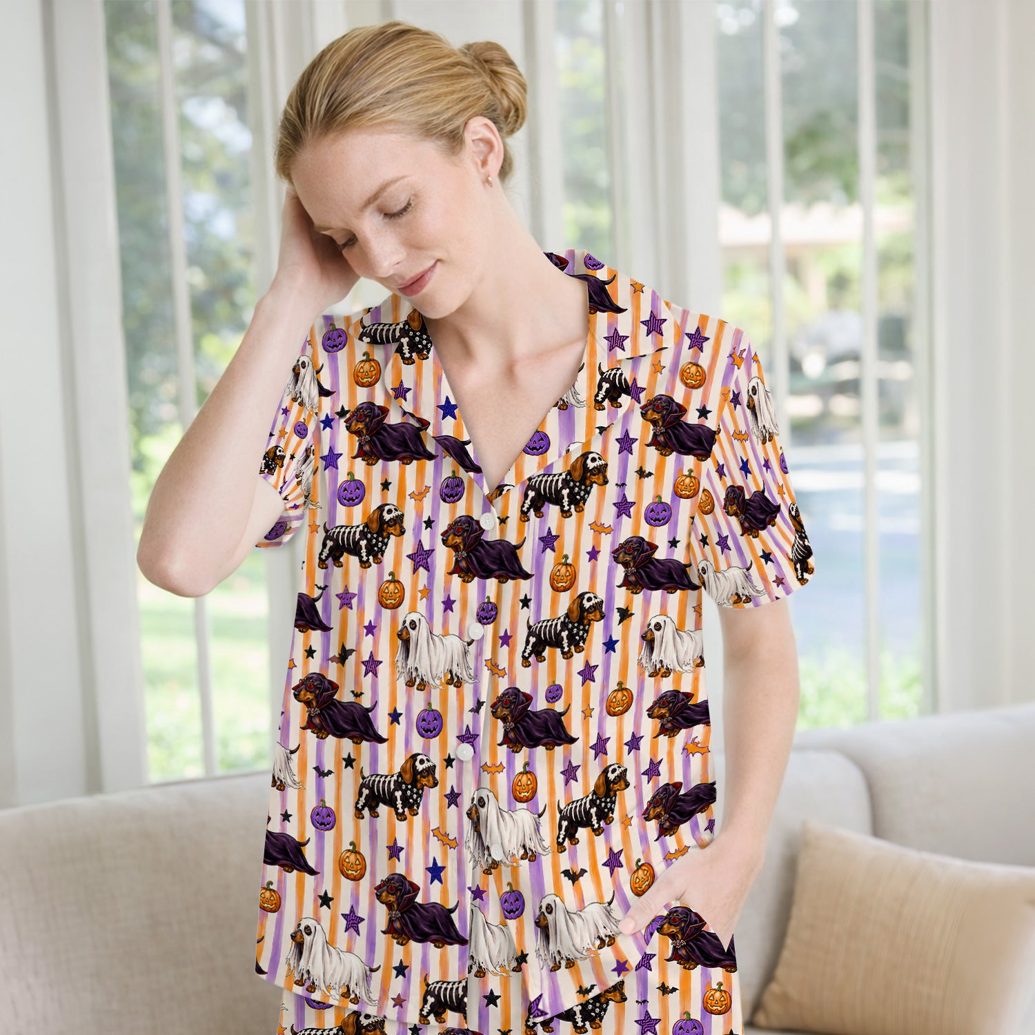 Halloween Dachshund Stripe Pattern Pajama Set, Soft Breathable Fabric Comfortable Sleepwear