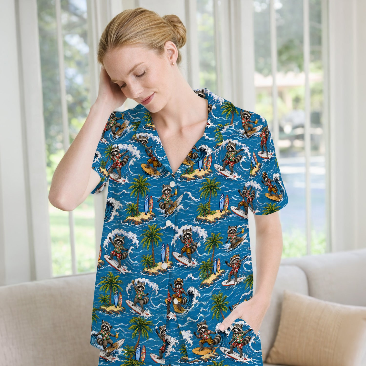 Tropical Surfing Raccoon Island Pattern Pajama Set, Soft Breathable Fabric Comfortable Sleepwear