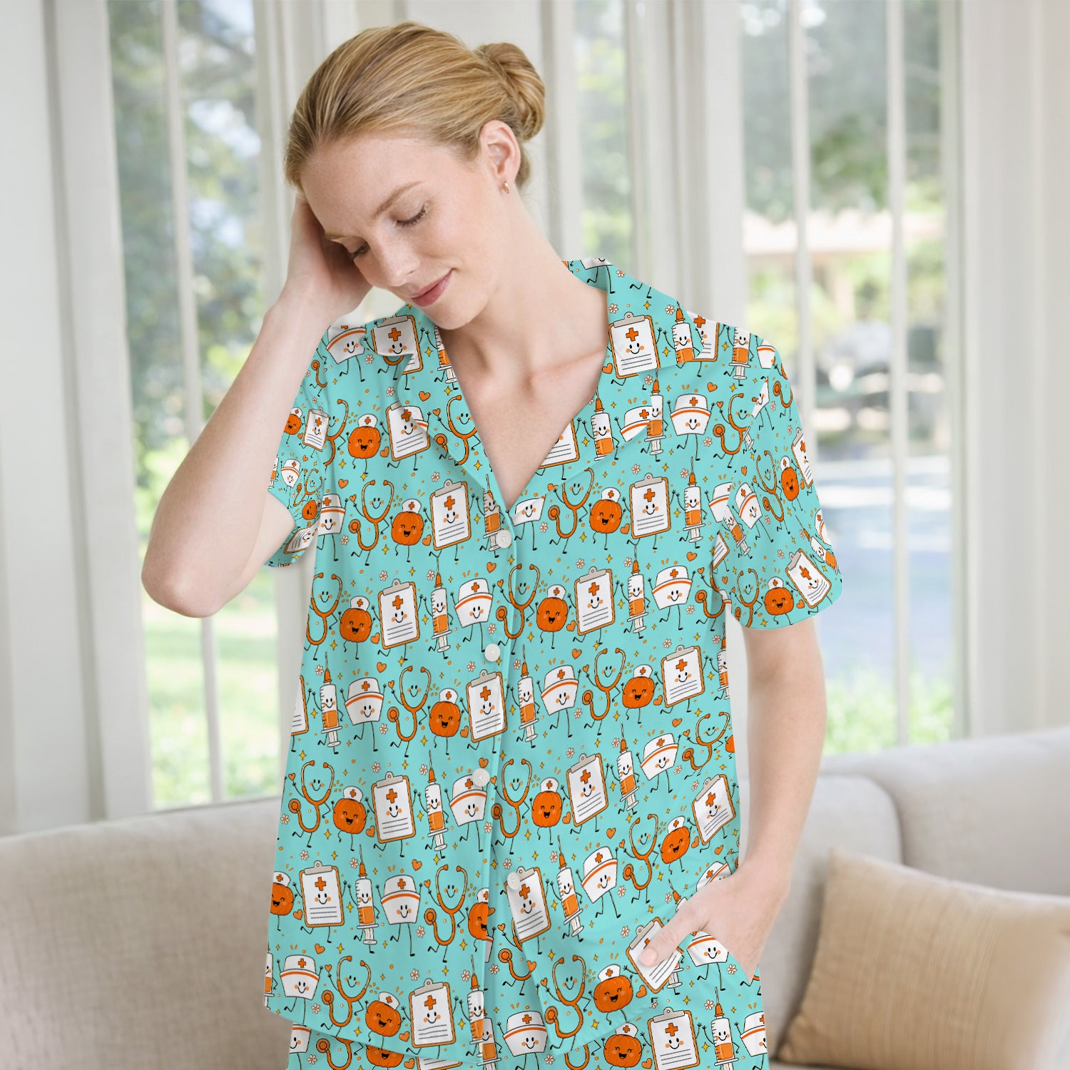 Halloween Stethoscope And Medical Icons Pajama Set, Soft Breathable Fabric Comfortable Sleepwear