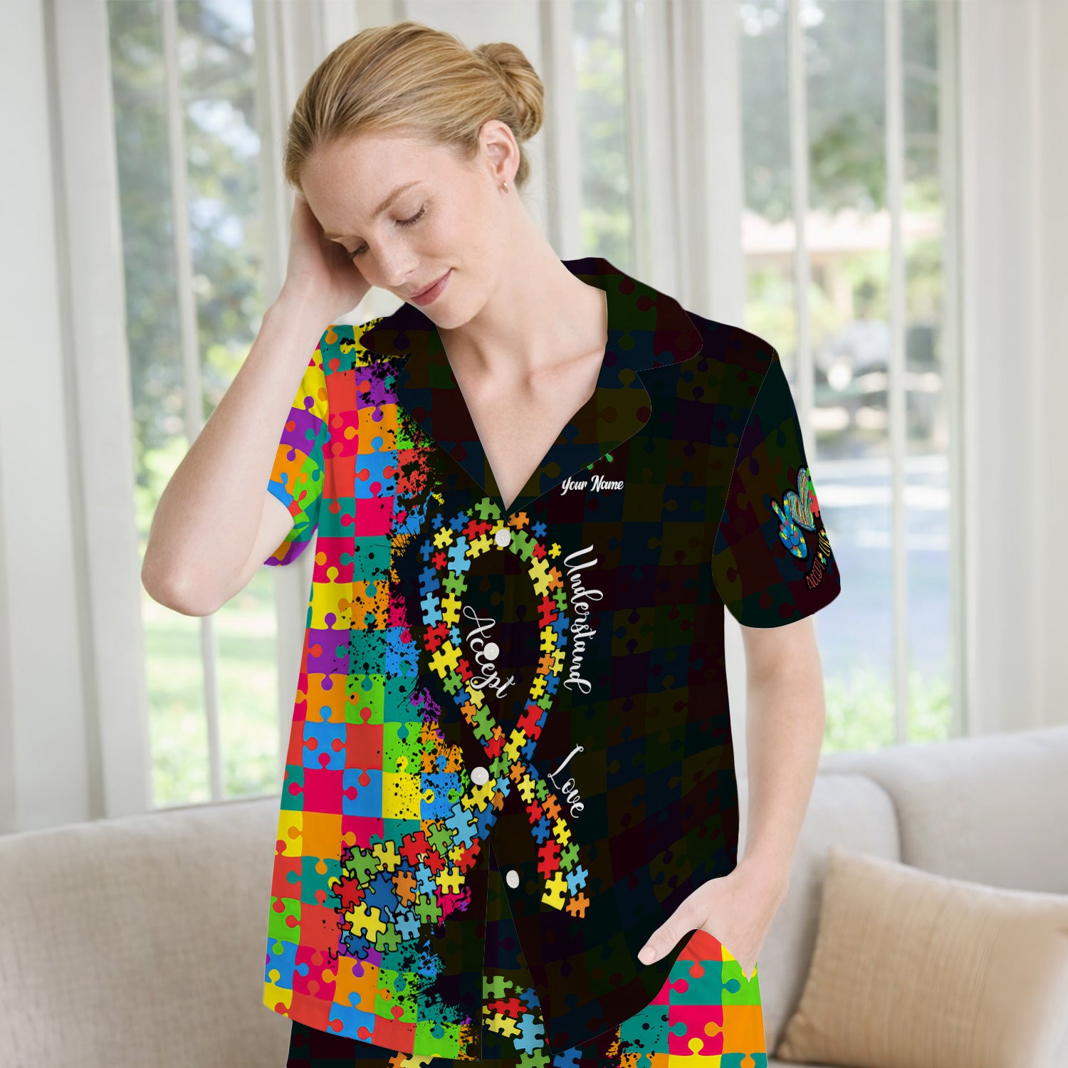Personalized Autism Puzzle Ribbon Colorful Print Pajama Set, Breathable Fabrics Uniform