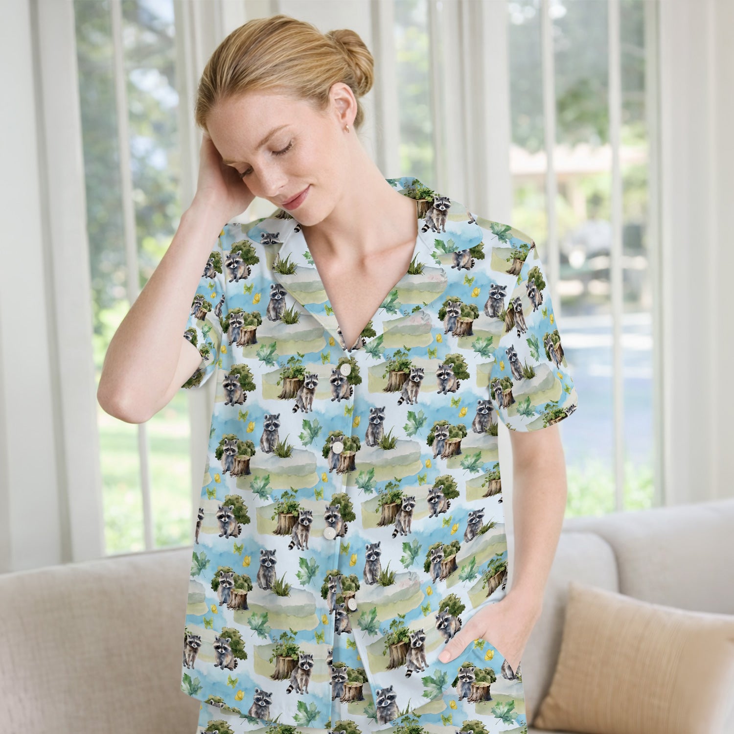 Cute Raccoon Woodland Print Pajama Set, Soft Breathable Fabric Comfortable Sleepwear