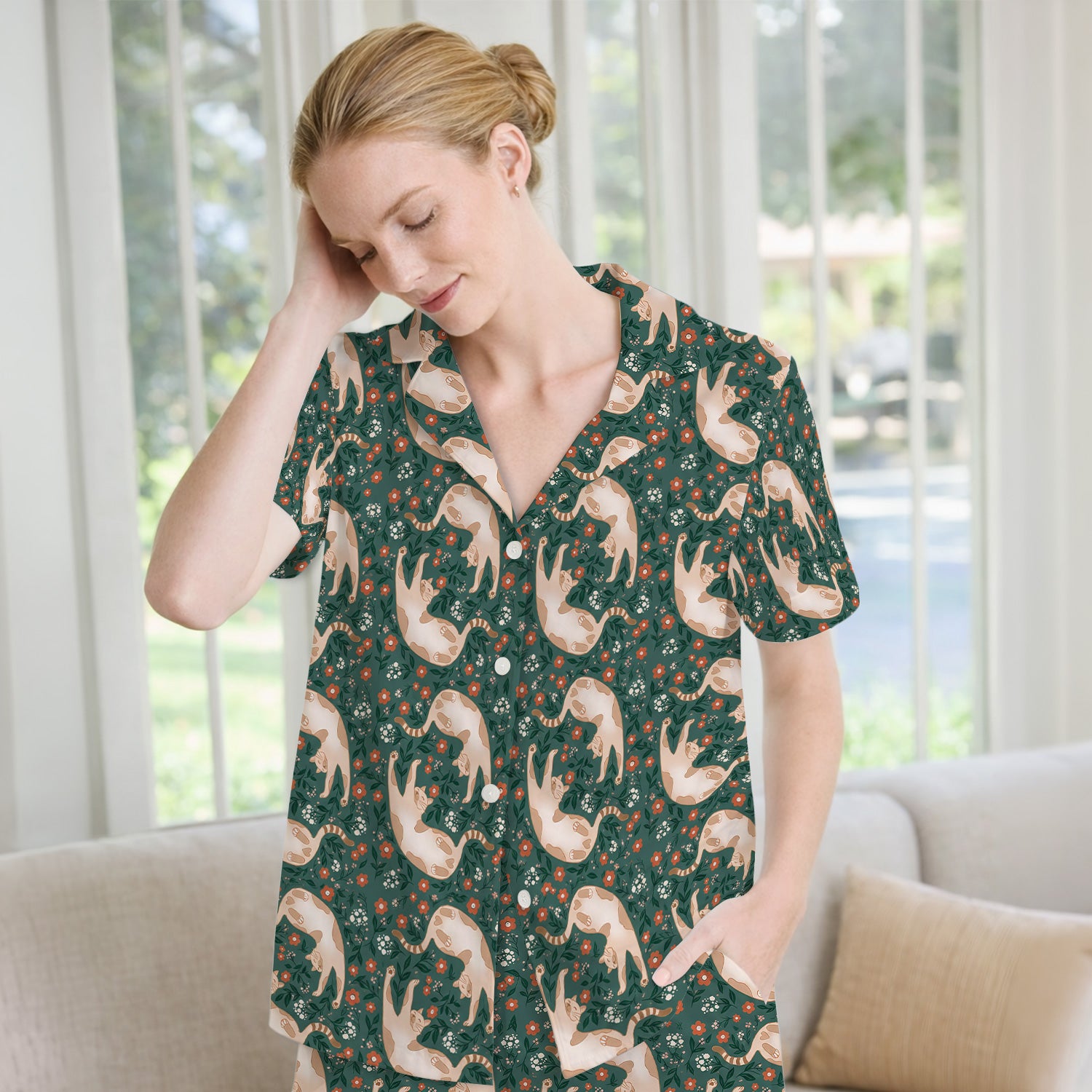 Glowing Blue Butterfly Garden Pattern Pajama Set, Soft Breathable Fabric Comfortable Sleepwear