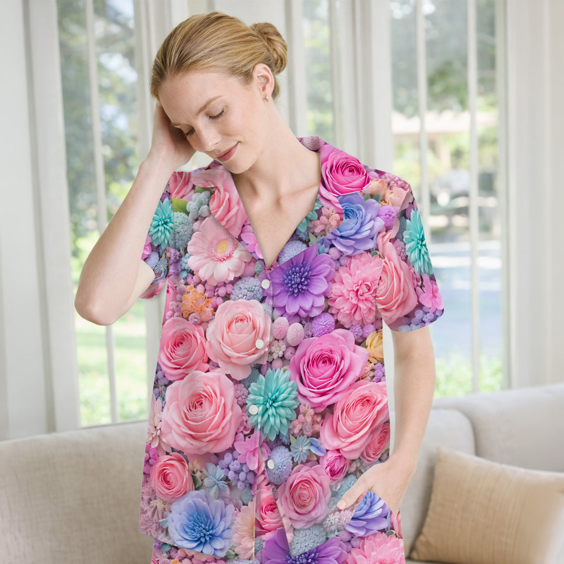 Pastel Floral Pink Rose & Candy Color Pajama Set, Soft Breathable Sleepwear