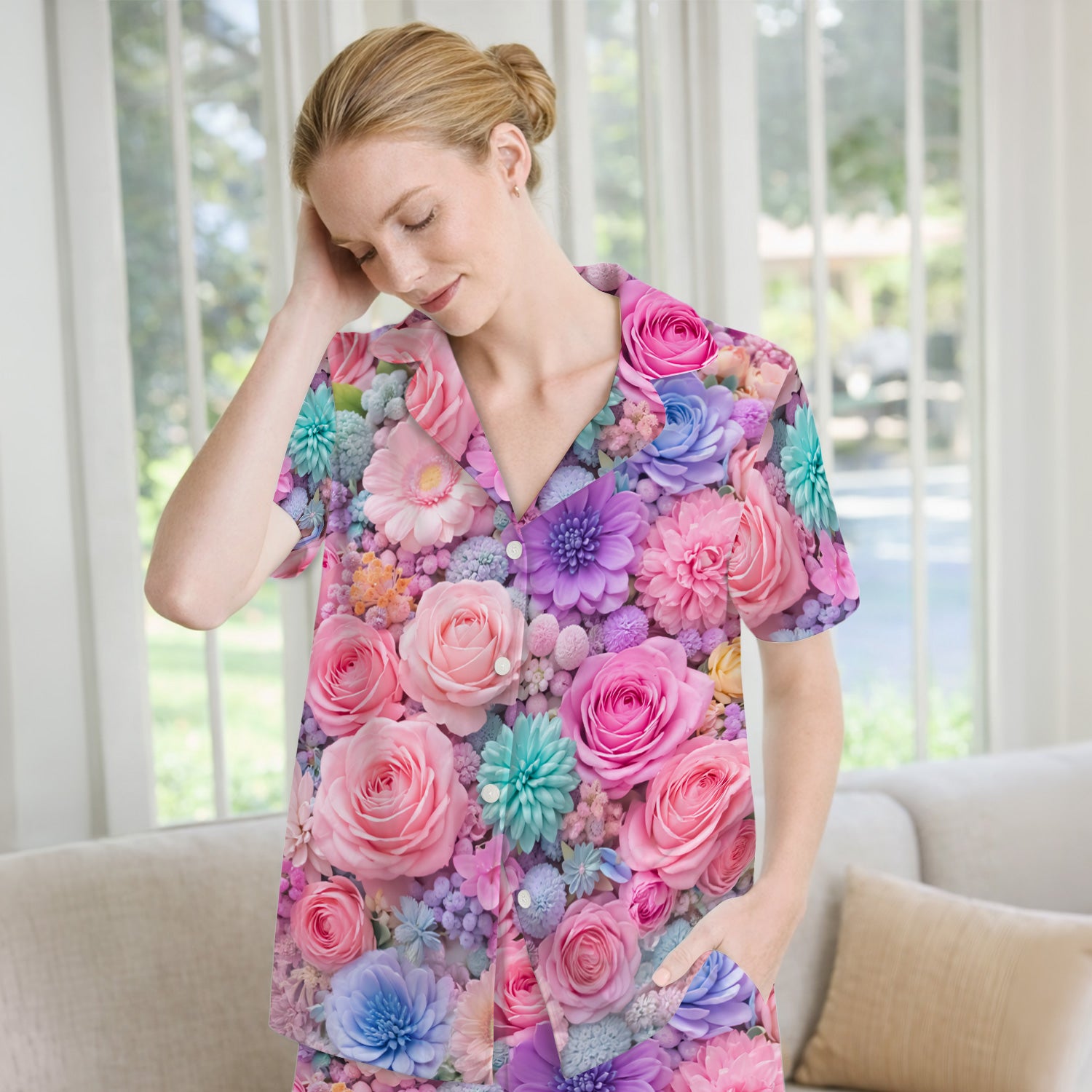 Pastel Floral Pink Rose & Candy Color Pajama Set, Soft Breathable Sleepwear