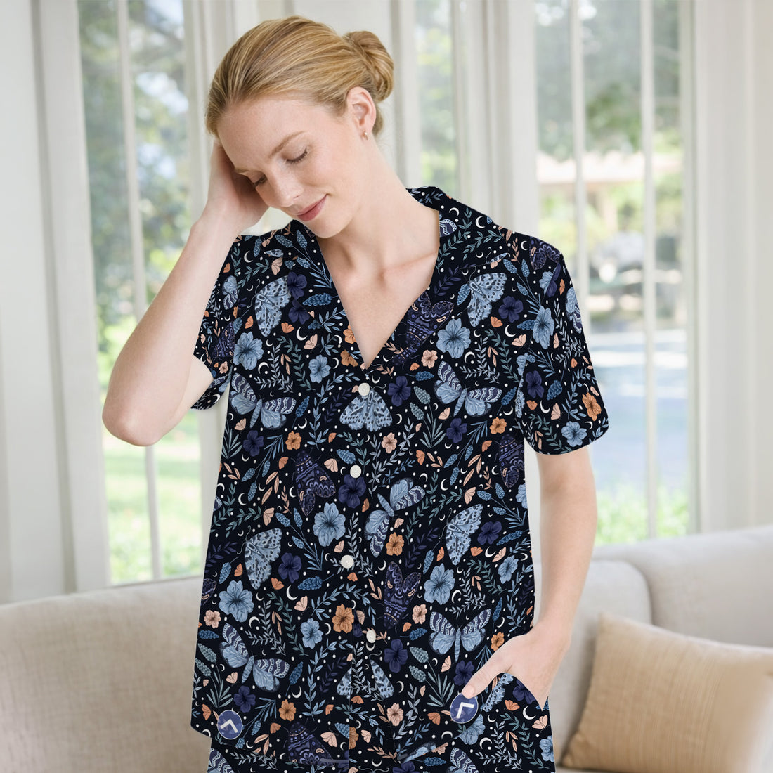 Charming Night Moth Butterfly Floral Pattern Pajama Set, Soft Breathable Fabric Comfortable Sleepwear